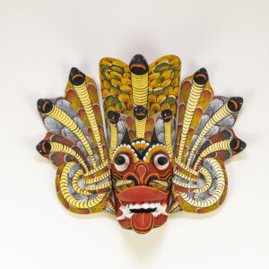 Authentic Naga Raksha Sri Lankan mask, hand-carved Kaduru wood with 7 cobra hoods, traditional red and yellow hand-painted details for BISO Heritage Collection.