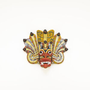 Authentic Naga Raksha Sri Lankan mask, hand-carved Kaduru wood with 7 cobra hoods, traditional red and yellow hand-painted details for BISO Heritage Collection.