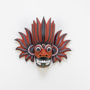 Authentic Gini Raksha Sri Lankan fire mask, hand-carved Kaduru wood with red and black flame wings, intricate hand-painted linework for BISO Heritage Collection.