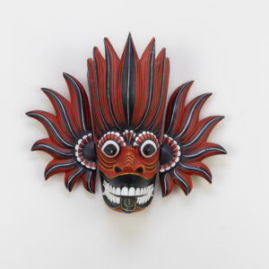 Authentic Gini Raksha Sri Lankan fire mask, hand-carved Kaduru wood with red and black flame wings, intricate hand-painted linework for BISO Heritage Collection.