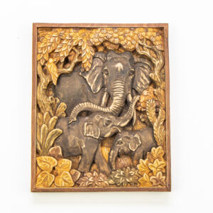 Detailed hand-carved wooden wall relief of an elephant family in a jungle setting, premium solid timber by Sunflower Arts and Crafts for BISO.