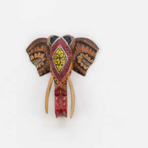 Front-facing 15cm hand-painted elephant wall sculpture, bronze and yellow sunflower ears, geometric forehead motif for BISO Heritage Collection.