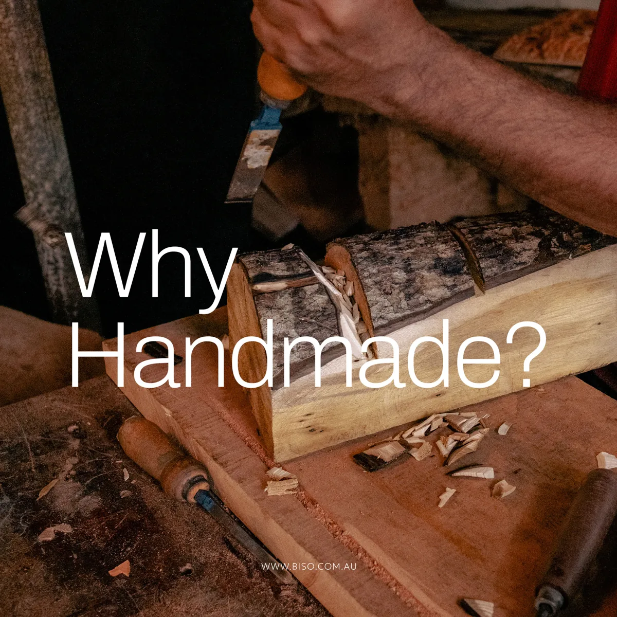 Sri Lankan artisan carving a raw log by hand with a chisel – authentic wood work by BISO Arts and Crafts