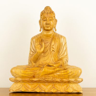 Hand-carved 26cm Protection Buddha statue in Sri Lankan Mara wood showing Abhaya Mudra gesture.