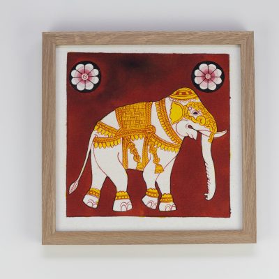 Hand-painted Kandyan style elephant canvas art by Thelithuda in a natural wood frame for BISO.