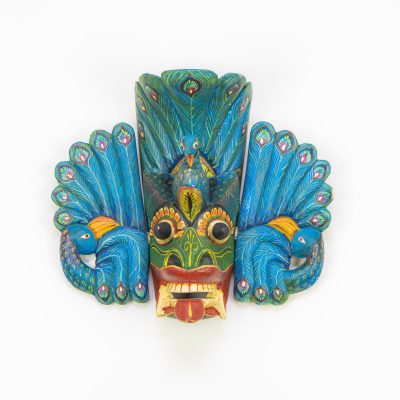 Authentic Mayura Raksha Sri Lankan mask, hand-carved Kaduru wood with three peacock feathers, vibrant blue and yellow hand-painted details for BISO Heritage Collection.