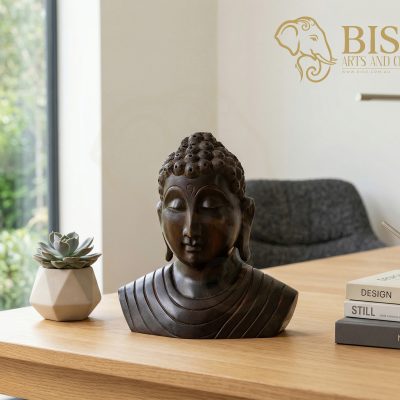 Hand carved wooden Buddha head statue 7 inch Sri Lankan handmade dark wood